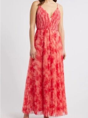 Spaghetti-Strap Pleated Maxi Dress in Coral Red